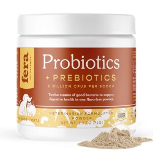 Fera Pets Organic Probiotics for Dogs & Cats - Vet Created - Cat & Dog Probiotic Supplement - 12 Strains & Prebiotics for Pet’s Digestion - 60 Scoops