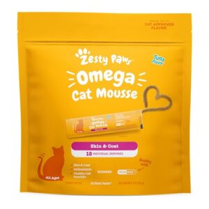 Zesty Paws Omega Cat Mousse Squeezable Cat Treats - with Seaweed, Omega Fatty Acids, Antioxidants Vitamins & Minerals - Skin & Coat Support for Cats - Tuna Fish Flavor - 18 Count