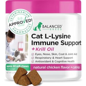 Balanced Breed L-Lysine Cats Immune Support Soft Chews Made in USA Non-GMO Vet-Pharmacist Approved Omega 3 Krill Oil Cat Vitamins Indoor Cats Supplements Cat Asthma Relief Cats Lysine Allergy Relief