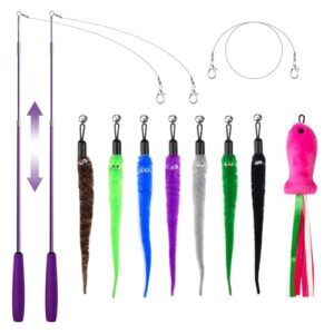 11PCS Cat Wand Toy, Cat Toys Interactive for Indoor Cats, 2 Retractable Cat Wand, 7 Worm Cat Teaser Toys and 1 Plush Fish Cat Toy, Cat Feather Toys for Play Chase Exercise with Kitten, Extra 1 Line