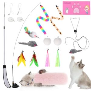 Janbenty 4-in-1 Interactive Cat Feather Toys Durable Retractable Fishing Pole Cat Toy Enhanced Suction Cup Cat Catnip Toy 14 Wand Replacement Door Hanging Cat String Toy for Bored Indoor Kitten