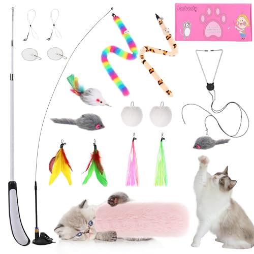 Janbenty 4-in-1 Interactive Cat Feather Toys Durable Retractable Fishing Pole Cat Toy Enhanced Suction Cup Cat Catnip Toy 14 Wand Replacement Door Hanging Cat String Toy for Bored Indoor Kitten