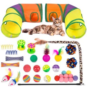 Retro Shaw Cat Toys for Indoor Cats 33 Pack,Kitten Toy Interactive Cat Feather Toy,Collapsible Cat Tunnel Tube Tent,Cat Springs Bell Rainbow Ball Crinkle Toy Mice Toy Pompom Ball Kitty Chase Exercise