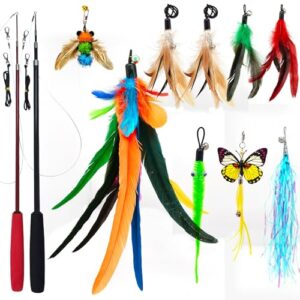 miwoowim Cat Toy 2PCS Ultra-Long Cat Teaser(50"+38")+9PCS Da Bird Feather Refills,Cat Fishing Pole Toy,Interactive Cat Toys -Retractable Cat Wand Toy and Feather Toys Refills for Indoor Cats