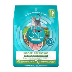 P L-RA Indoor Advantage Dry Cat Food, High Protein Natural Turkey, Supports Immune System, Weight Management, and Hairball Control, No Artificial Flavors Or Preservatives, 16 Lb Bag