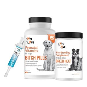 Lots of Love Bundle Set of 3 - Calcium Now Oral Supplement for Dogs (15ml), Bitch Pills Prenatal Vitamins for Dogs (90 Tablets) & Breed Heat Breeding Supplement for Dogs & Cats (16 oz)