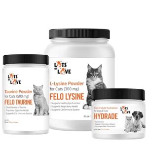 Lots of Love Felo Bundle of 3 - Taurine Supplement for Cats (16 oz), L-Lysine Powder for Cats (2.2 lbs) and HydrADE Powder - Electrolytes for Dog & Cat Dehydration (8oz)