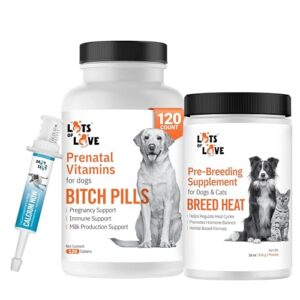 Lots of Love Bundle Set of 3 - Calcium Now Oral Supplement for Whelping Dogs (30ml), Bitch Pills Prenatal Dog Vitamins (120 Tablets) and Breed Heat - Breeding Supplement for Cats and Dogs (16 oz)