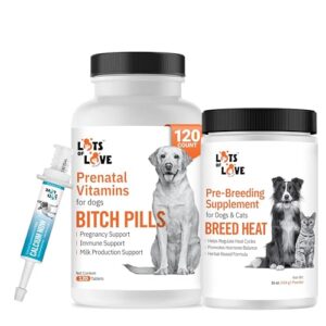 Lots of Love Bundle Set of 3 - Calcium Now Oral Supplement for Dogs (15ml), Bitch Pills Dog Prenatal Vitamins (120 Tablets) and Breed Heat - Breeding Supplement for Dogs and Cats (16 oz)