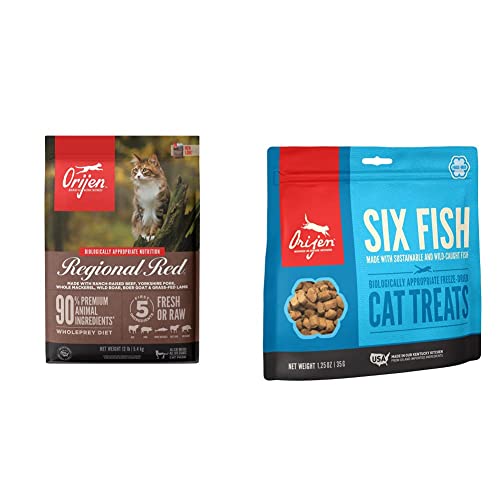 ORIJEN® Dry Cat Food, Grain Free, Premium, High Protein, Fresh & Raw Animal Ingredients, Regional Red, 12lb Freeze Dried Cat Treats, Six Fish, 1.25oz