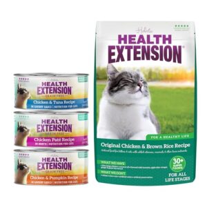 Health Extension Bundle - Wet Cat Food Canned Chicken & Pumpkin, Chicken & Tuna, Chicken Pate (2.8oz Each) and Dry Cat Food Chicken & Brown Rice Recipe (15 lbs) - Complete Nutrition for Cats