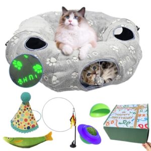 OUHOU Interactive Cat Toys with Cat Tunnel Bed, Bite Resistant Catnip Toy, Feather Toys, Catnip Balls and Fish, Cat Toys for Indoor Cats, A Birthday Gift for Cats