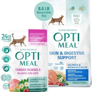 Optimeal Wholesome Wet & Dry Cat Food Bundle - Tender Morsels Lamb & Veggies (24 Pouches) + Skin & Sensitive Stomach Dry Recipe with Salmon & Brown Rice (8.8 lbs), Balanced Nutrition for Adult Cats,