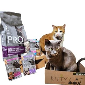 KERQUS Kitty Cat Box. Pure Balance cat Food Essentials Bundle. 8 lbs Sensitive Dry Food, 10 Pouches Salmon and Tuna Flake, 8 Puree with Cute Toy & Scratcher Box