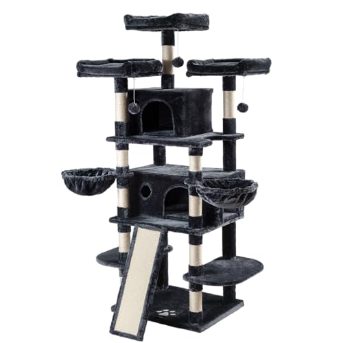 Allewie Tall Cat Tower: Multi-Level Condo, Scratching Post, Smokey Grey Kitty Playground - Image 9