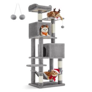 Feandrea Cat Tree, 61-Inch Cat Tower for Indoor Cats, Plush Multi-Level Cat Condo with 5 Scratching Posts, 2 Perches, 2 Caves, Hammock, 2 Pompoms, Light Gray UPCT192W01