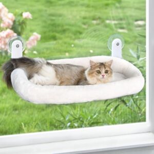 Zoratoo Cat Window Perch, Cordless Cat Hammock Window Seat with Cozy Pad Bed Cover for Indoor Cats, Durable Metal Frame Support Cat Bed with 4 Suction Cups for Large Cats (Cushion Pad Bed - White)