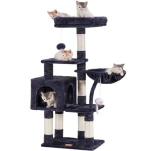 Heybly Cat Tree with Toy, Cat Tower condo for Indoor Cats, Cat House with Padded Plush Perch, Cozy Hammock and Sisal Scratching Posts, Smoky Gray HCT004SG
