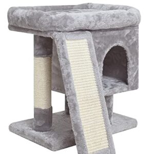 SYANDLVY Small Cat Tree for Indoor Cats, Cat Tower with Scratching Post, Modern Activity House for Large Cats, Condo with Board, Kittens Cave (Light Grey)