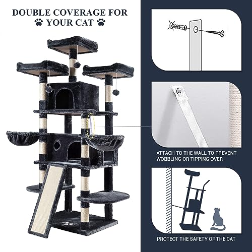 Allewie Tall Cat Tower: Multi-Level Condo, Scratching Post, Smokey Grey Kitty Playground - Image 6