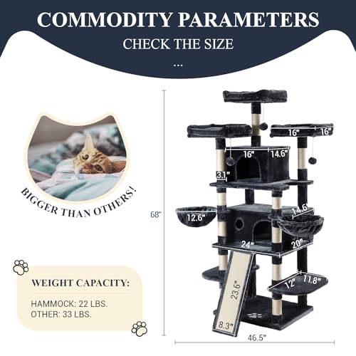 Allewie Tall Cat Tower: Multi-Level Condo, Scratching Post, Smokey Grey Kitty Playground - Image 7