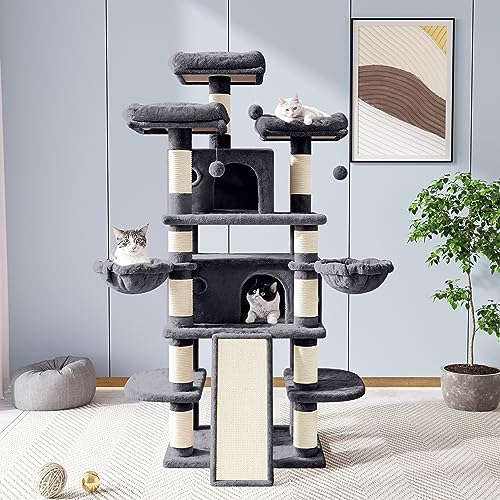 Allewie Tall Cat Tower: Multi-Level Condo, Scratching Post, Smokey Grey Kitty Playground - Image 2