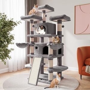 SHA CERLIN 68 Inches Multi-Level Large Cat Tree for Large Cats/Big Cat Tower with Cat Condo/Cozy Plush Cat Perches/Sisal Scratching Posts and Hammocks/Cat Activity Center Play House, Grey