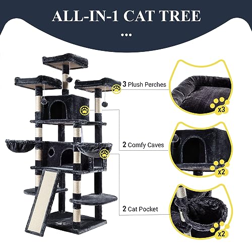 Allewie Tall Cat Tower: Multi-Level Condo, Scratching Post, Smokey Grey Kitty Playground - Image 5