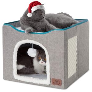 Bedsure Cat Beds for Indoor Cats - Large Cat Cave for Pet Cat House with Fluffy Ball Hanging and Scratch Pad, Foldable Cat Hideaway,16.5x16.5x13 inches, Grey