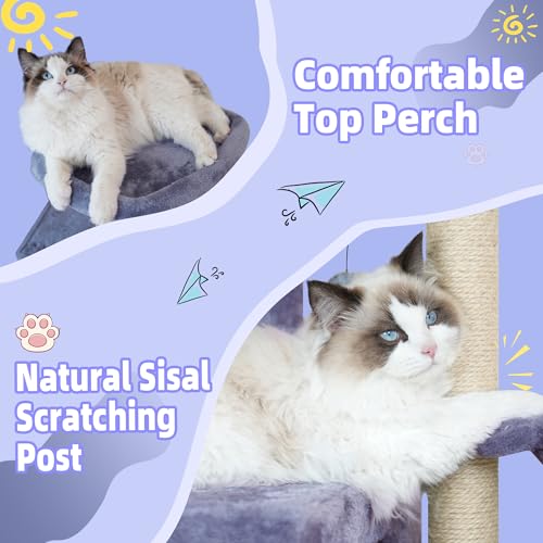 Deluxe 35" Cat Tree Tower: Hammock, Scratching Posts & Hanging Toy - Multi-Level Condo Grey - Image 6