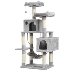 Hey-brother Large Multi-Level Cat Tree Condo Furniture with Sisal-Covered Scratching Posts, 2 Bigger Plush Condos, Perch Hammock for Kittens, Cats and Pets Light Gray MPJ020W