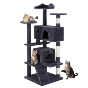 Sweetcrispy 54-Inch Cat Tree Tower – Multi-Level Cat Tower with Sisal Scratching Post, Perfect Cat Gift, Indoor Cat Tree with Condo, Climbing Ladder, Plush Toy, and More Cat Stuff,Grey