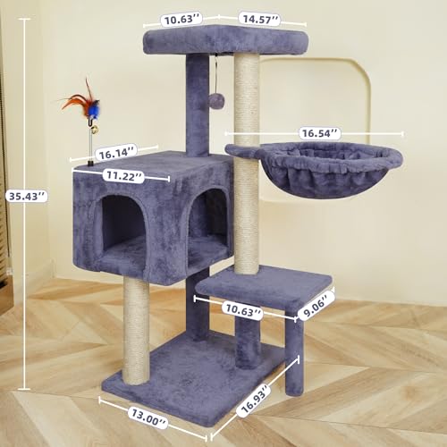 Deluxe 35" Cat Tree Tower: Hammock, Scratching Posts & Hanging Toy - Multi-Level Condo Grey - Image 3