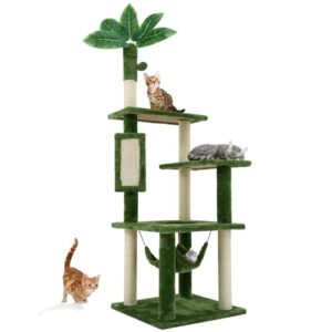 TSCOMON 61" Large Cat Tree Tower for Indoor Cats with DIY Green Leaves Scratching Post Multi Soft Hang Ball Plush Cat House Furniture 360° Rotating Cat Scratch Board with Hammock, New Green