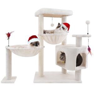YOUPET 33.46" Cat Tree Tower with Cat Condo and Scratching Post for Indoor Cats, Activity Center Cat Furniture with Two Big Hammock and Spring Toy Balls, Beige