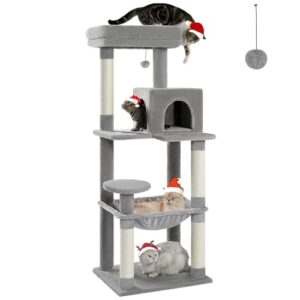 MUTTROS Cat Tree for Large Cats Adult with Metal Plush Big Hammock, 56.3" Cat TowerZ with 2 Door Condo House, 6-Tier Cat Shelves with Scratching Posts and Large Top Perch, Gray