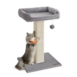 Feandrea Cat Scratching Post, 27.9-Inch Cat Scratcher with 15.7 x 11.8 Inches Plush Perch, Tall Scratch Post with Woven Sisal, Pompom, Removable Washable Cover, Light Gray UPCA022W01