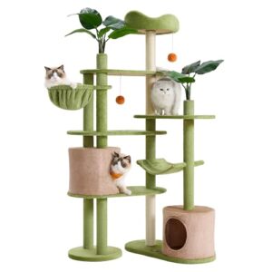 Feandrea Cat Tree, 68.1-Inch Tall Cat Tower, Multi-Level Plush Cat Condo with Artificial Leaves, 3 Scratching Posts, 2 Pompoms with Bells, for Indoor Cats, Grass Green and Camel Brown UPCT330C01