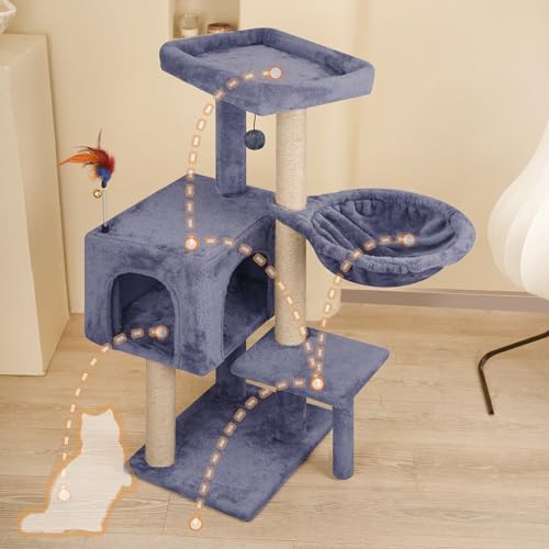Deluxe 35" Cat Tree Tower: Hammock, Scratching Posts & Hanging Toy - Multi-Level Condo Grey - Image 4