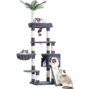 Heybly Cat Tree,Cat Tower for Indoor Cats, 65.4 inches Cat Condo with Perches, Basket, Feeding Bowl Station, Multi-Level Plush Furniture with Scratching Posts, Smoky Gray HCT015G
