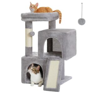 PAWZ Road Cat Tree, 30 Inches Cat Tower with Dual Condos for Indoor Cats, Plush Cat House with Padded Perch, Scratching Ramp and Posts and Replaceable Balls-Gray