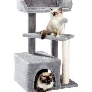 Made4Pets Cat Tree, Carpet Cat Tower Grey for Indoors Cats, Cute Wood Kitty Condo with Scratching Post and Pad, 29" Multi-Level Modern Activity Climbing Furniture for Small and Medium Cats