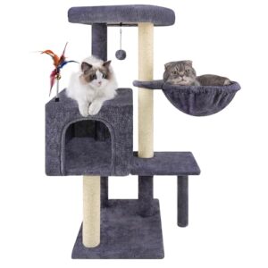 AIWIKIDE 35.4'' Multifunction Cat Tree with Cozy Hammock & Hanging Ball, Cat Tower with Activity Cat Condo & Jute-Covered Scratching Posts, Grey