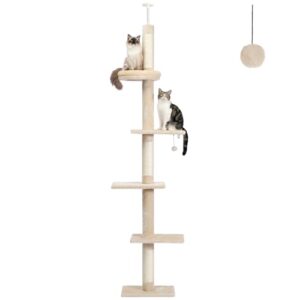 PETEPELA Floor to Ceiling Cat Tree, Cat Tower 5-Tier Height(95-107 Inches) Adjustable, Tall Cat Climbing Tree Featuring with Scratching Post, Cozy Bed,Interactive Ball Toy for Indoor Cats/Kitten Beige
