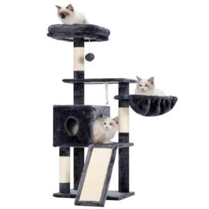 Hey-brother Cat Tree, 42.5-Inches Cat Tower for Indoor Cats, Plush Multi-Level Kitten Cat Condo with Scratching Post, Ramp, Basket, Spacious Cat Cave, Hanging Ball, Smoky Gray MPJ007SG