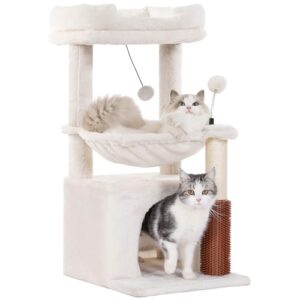 Pawfessor Cat Tree 32 Inches Small Cat Tree for Large Cats Adult Cat Tower with Scratching Post,15.7”Large Hammock and Self Groomer, and Removable Top Perch and Wide Condo for Indoor Cats-Beige