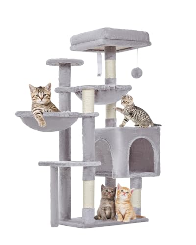 Taoqimiao Cat Tree, 39.4-Inch Cat Tower for Indoor Cats,Suitable for Kittens,Plush Cat Condo with 5 Scratching Posts, Plush Perch,2 Hammock,Pompoms, MS019W Light Gray