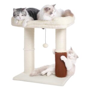 Pawfessor Cat Tree Tower for Large Cats Cat Scratching Post with Cat Self Groomer, 20x15.7”Large Top Bed, Thick Scratch Post [Dia=4.5”] and Danging Ball Great for Large Indoor Cats-Large Beige