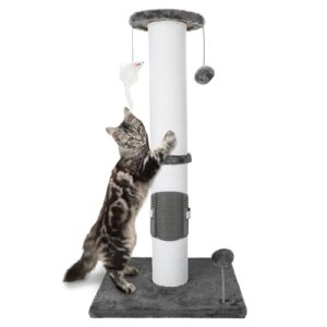 Ahomdoo 34 Inches Cat Scratching Post Heavy Duty and Thicker Cat Self Grooming with Hanging Toys and Sturdy Handmade Rope, Grey
