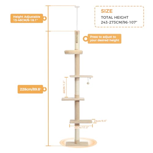 PETEPELA 95-107" Tall Cat Tree Tower with Scratching Post, Bed, Toy - Beige - Image 6